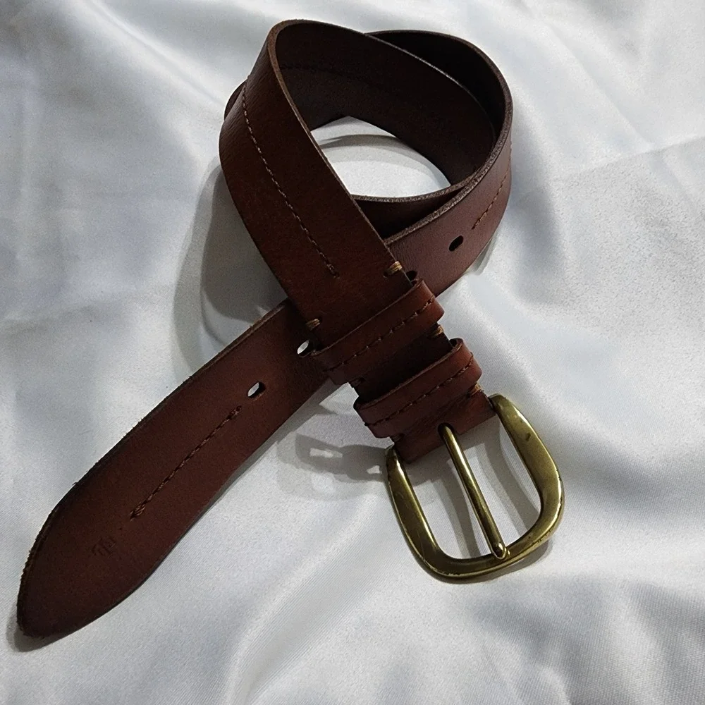 Lauren Ralph Lauren Brown Leather Belt Brass Buckle Cognac RL Logo Mens 34